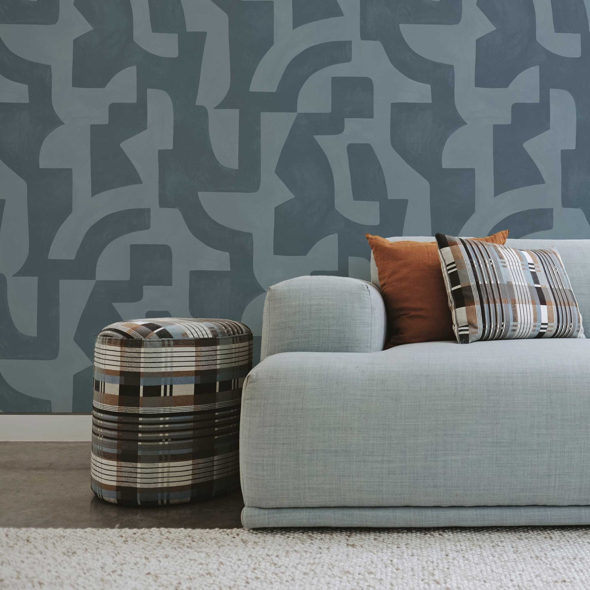 Habita wallpaper design - blue Forma pattern in living room