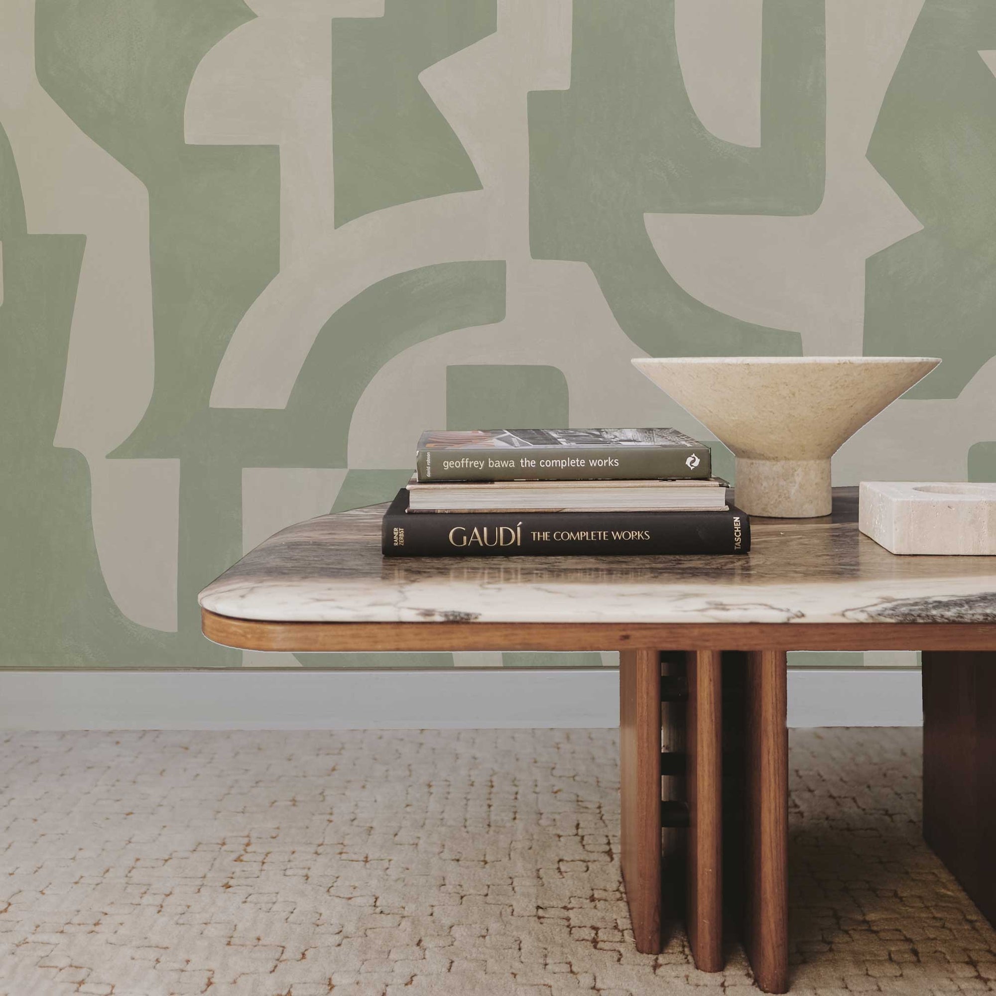 Habita wallpaper design - green Forma pattern in living room