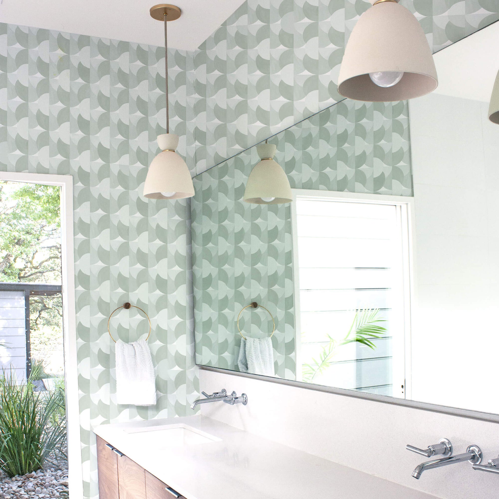 Habita wallpaper pattern - green Sunrise in Agave  in modern bathroom