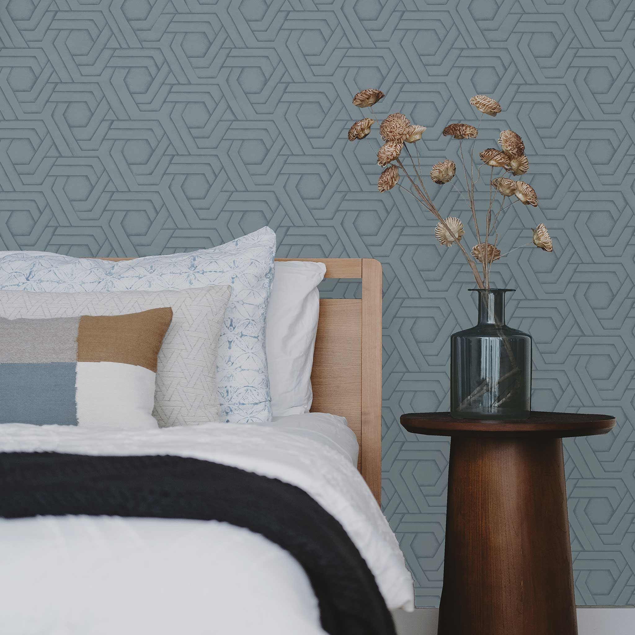Habita wallpaper design - blue Hix pattern in bedroom