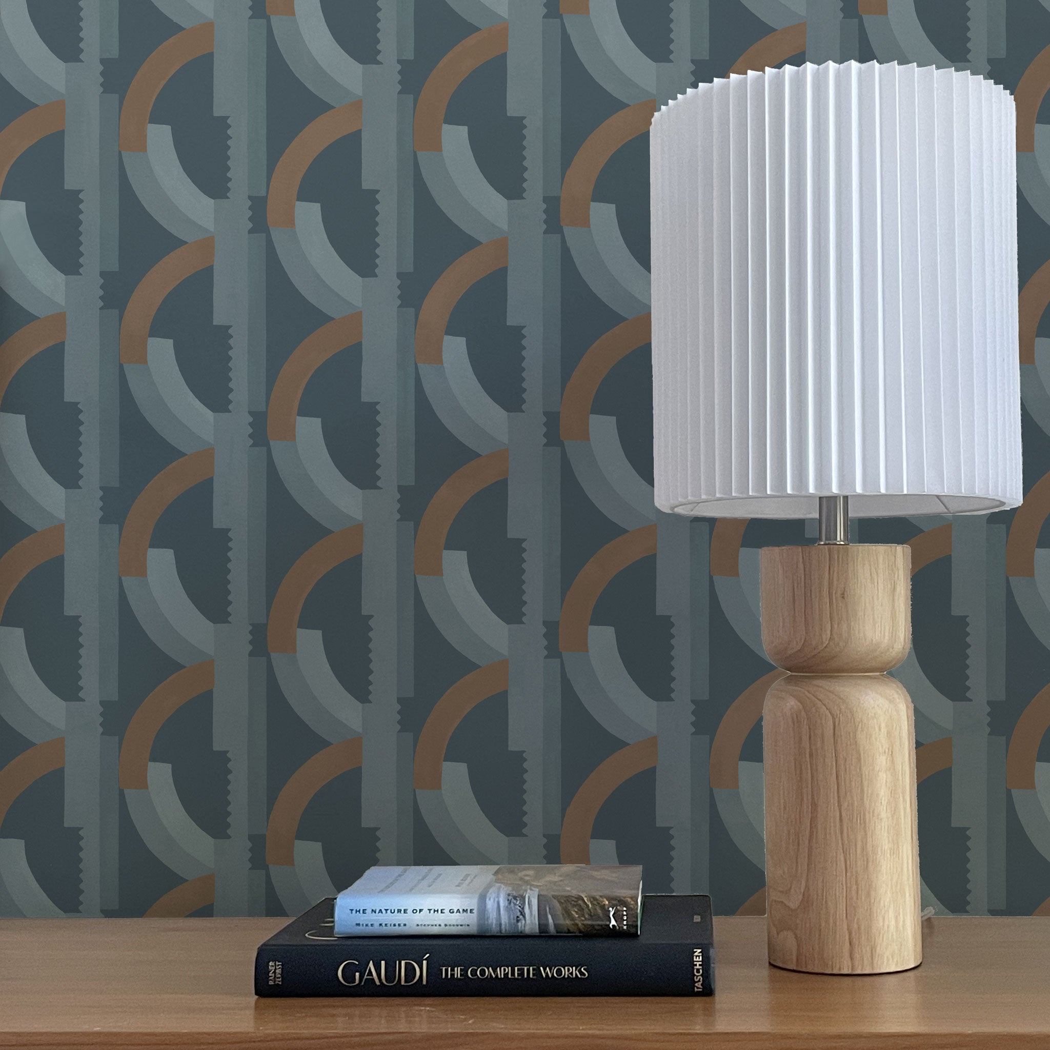 Habita wallpaper design - blue Lucie pattern in bedroom with lamp