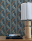 Habita wallpaper design - blue Lucie pattern in bedroom with lamp