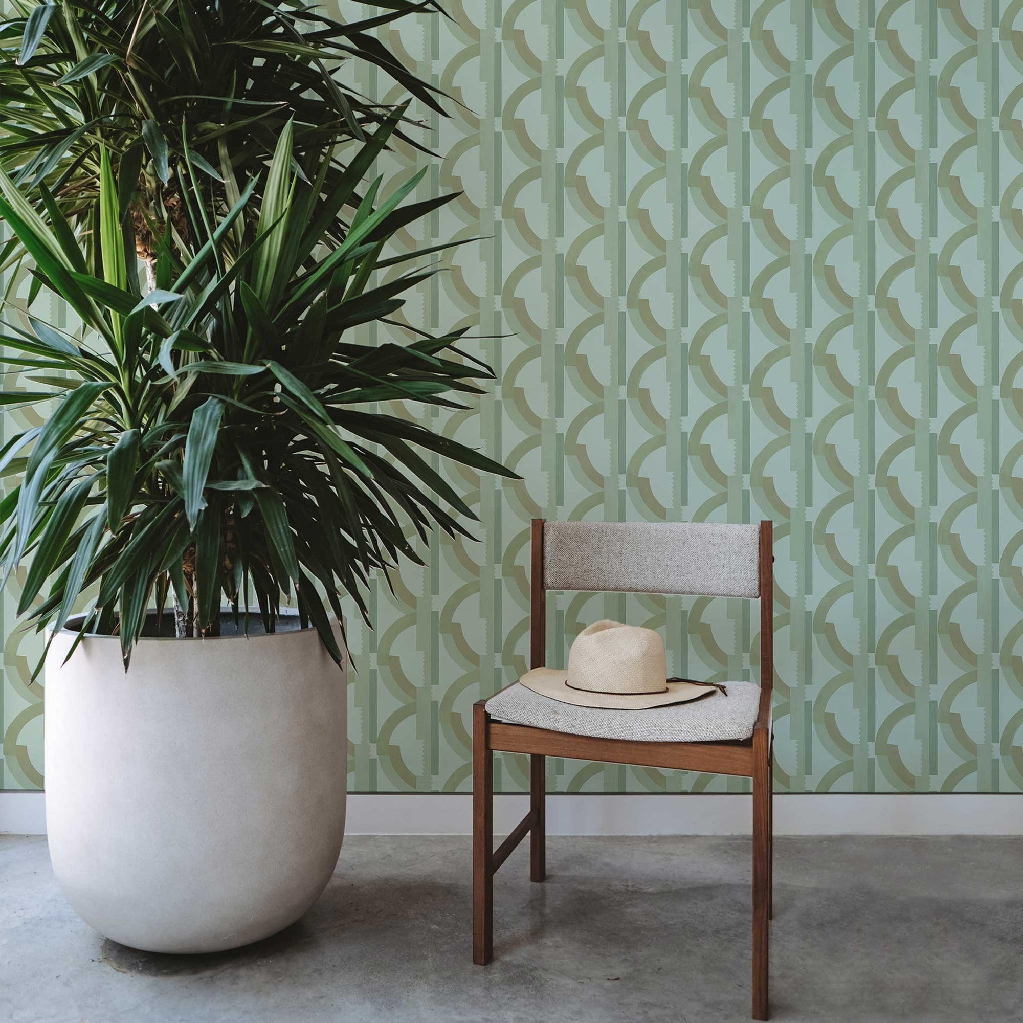Habita wallpaper design - Lucie pattern in Eucalyptus in bedroom