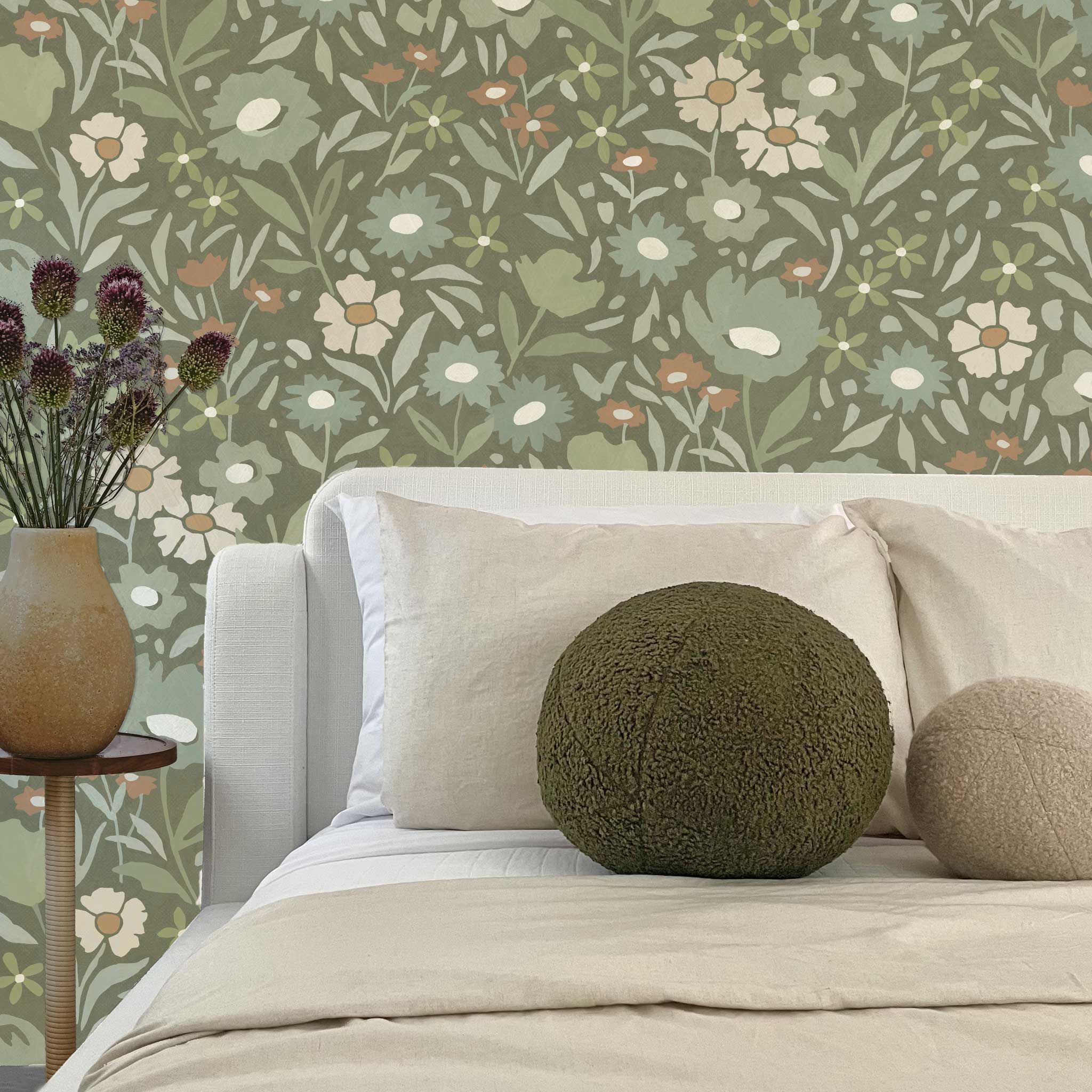 Habita wallpaper design -green Maude floral pattern in bedroom