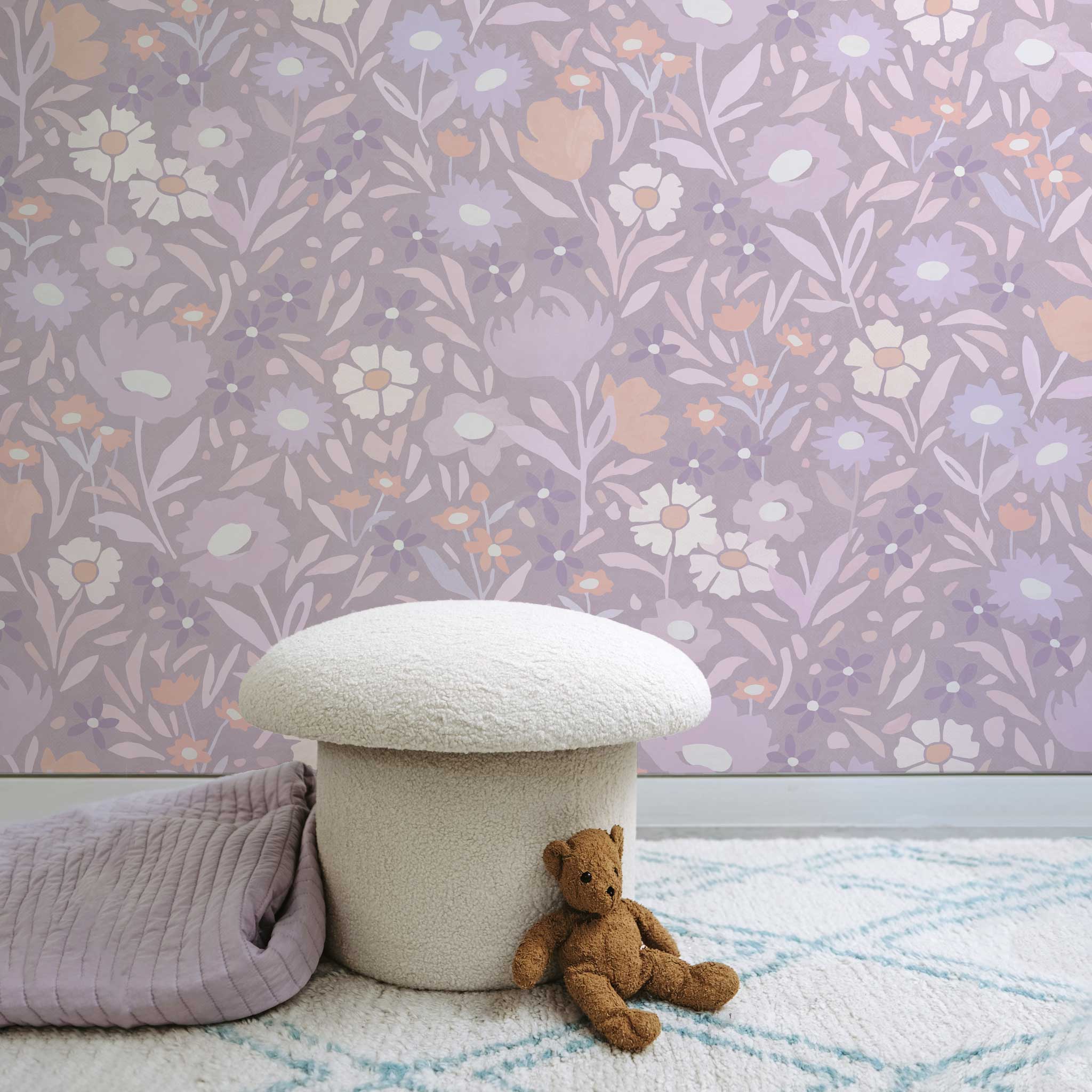 Habita wallpaper design - lavender Maude floral pattern in girl&#39;s room