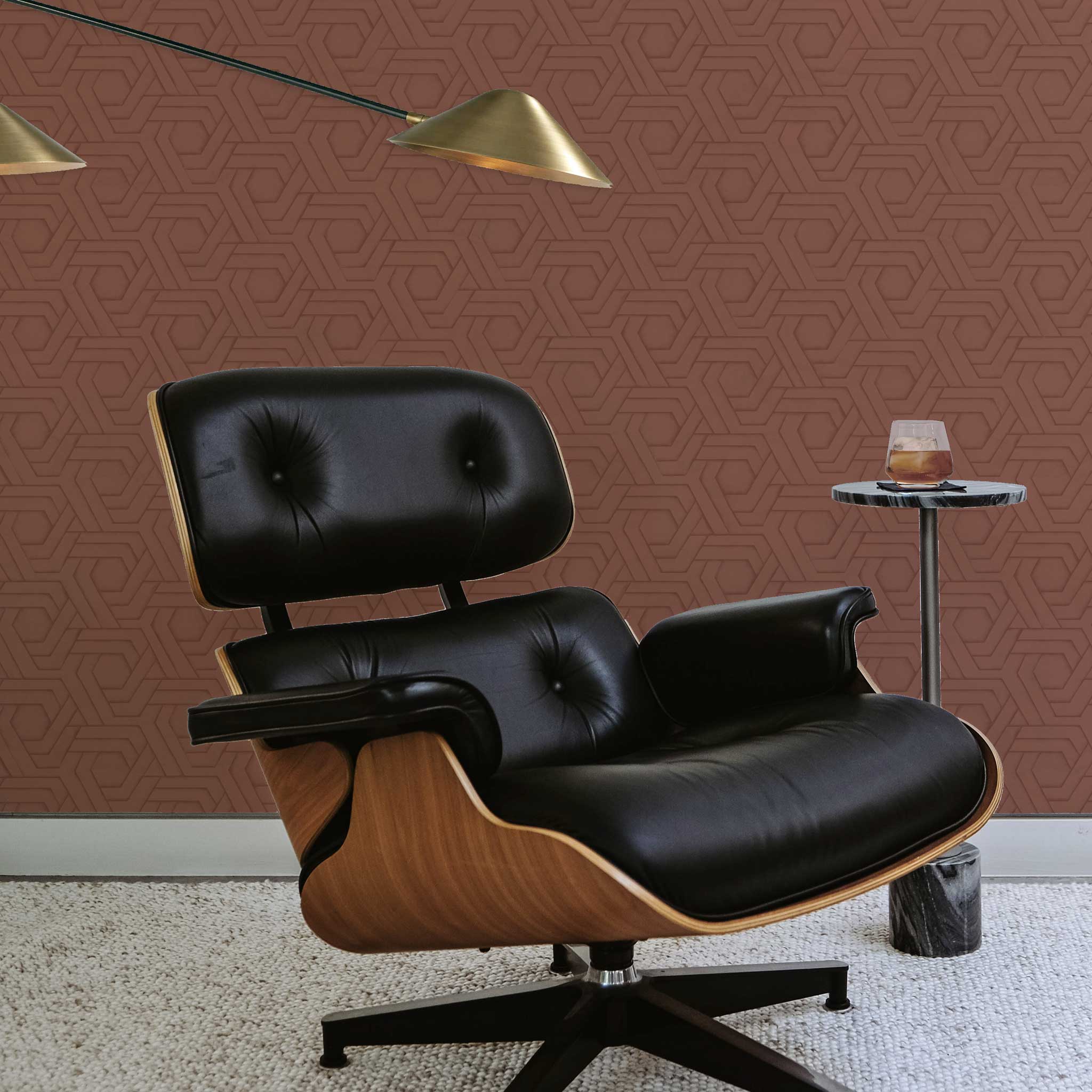 Habita wallpaper design - rust Hix pattern in home office