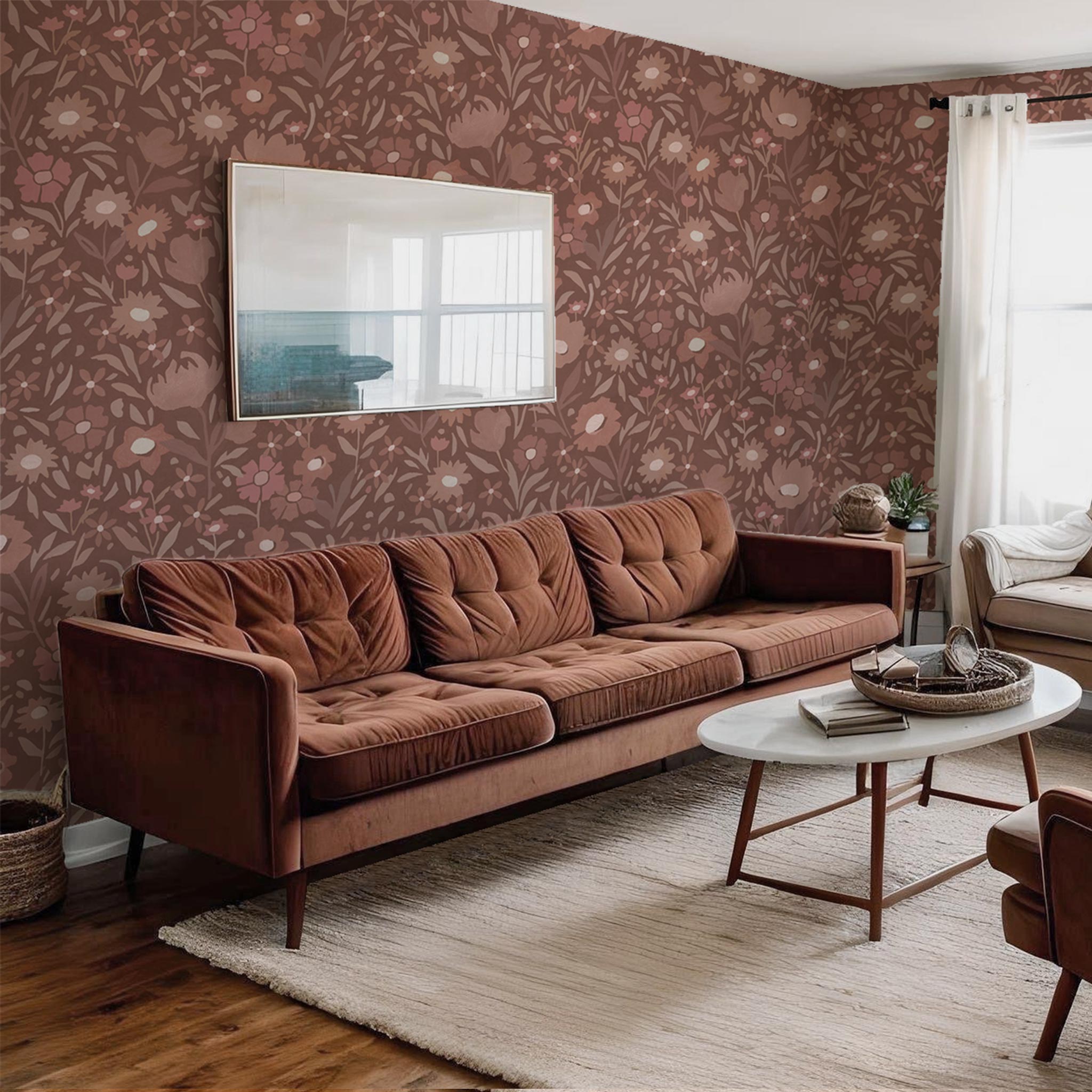 Habita wallpaper design - rust Maude floral pattern in living room