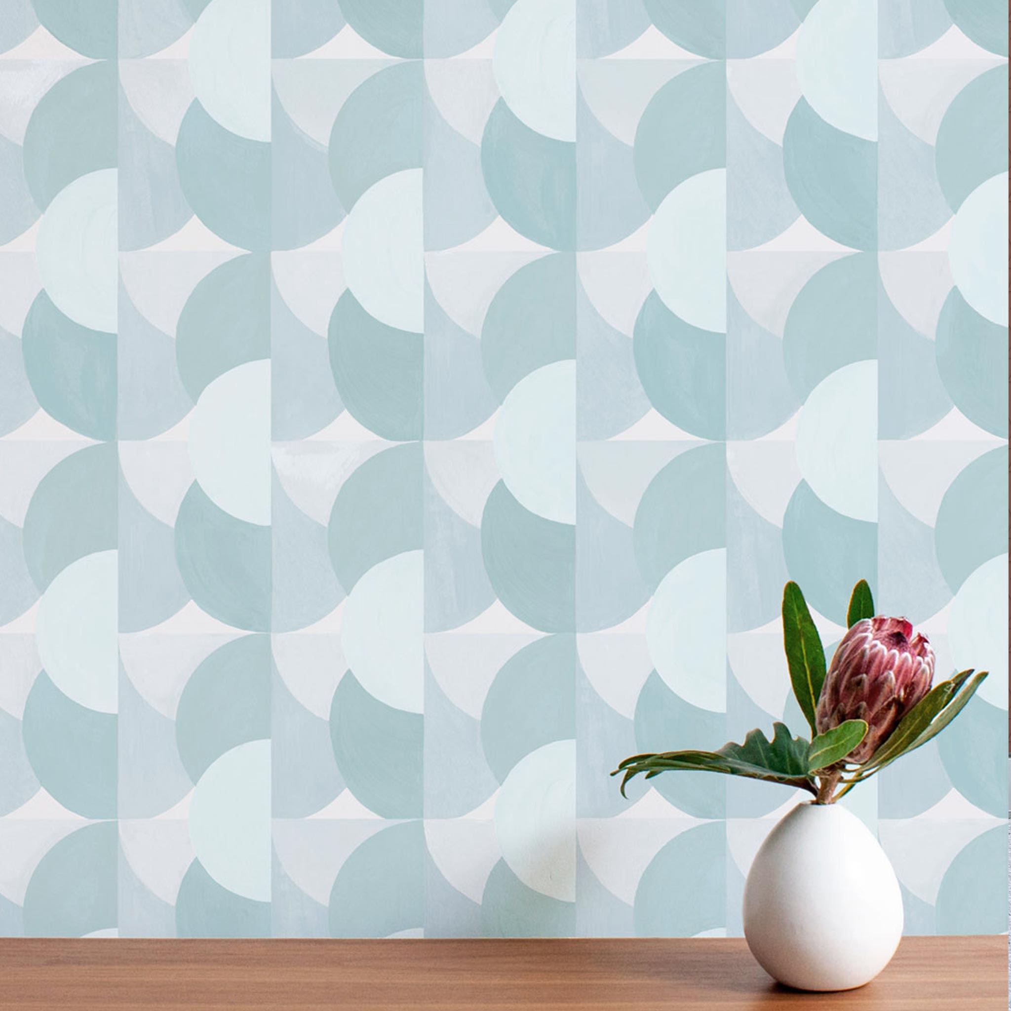 Habita wallpaper pattern - blue Sunrise in Agave on accent wall
